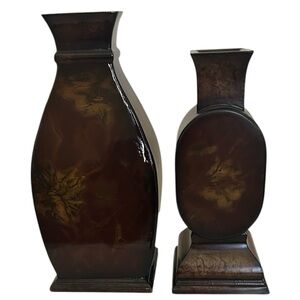 Set of 2 Wood lacquered Asian style vase decor. Brown / Black / Gold